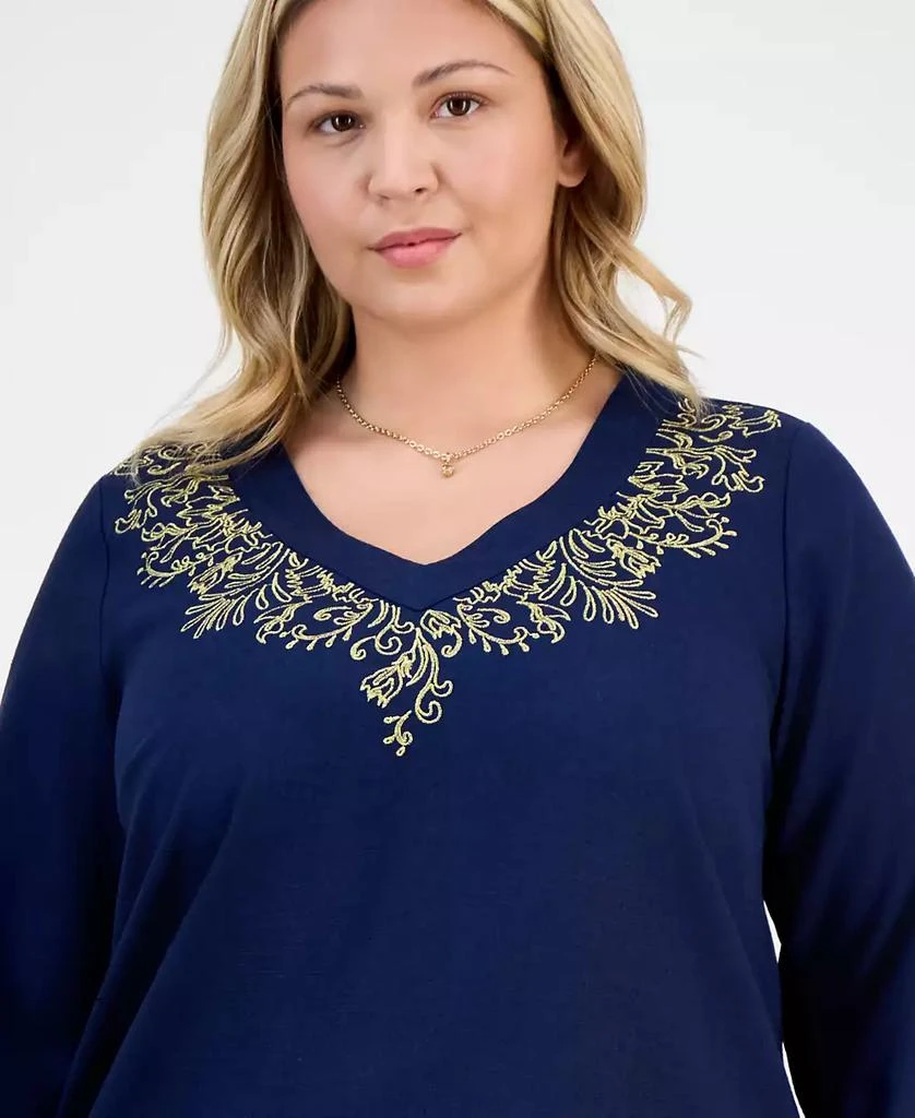 JM Collection Plus Size Metallic Embroidered V-Neck Top, Exclusively at Macy's 3