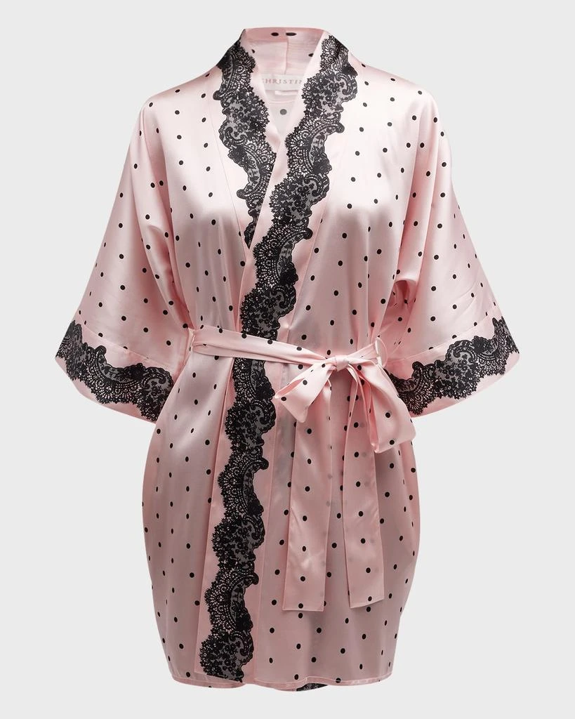 Christine Lingerie Polka-Dot Lace-Trim Short Silk Robe 1