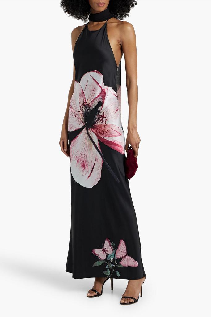 Alice + Olivia Montana chiffon-paneled floral-print satin halterneck gown
