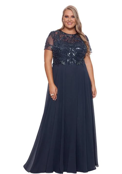 XSCAPE Plus Size Mesh Sequin Gown 1