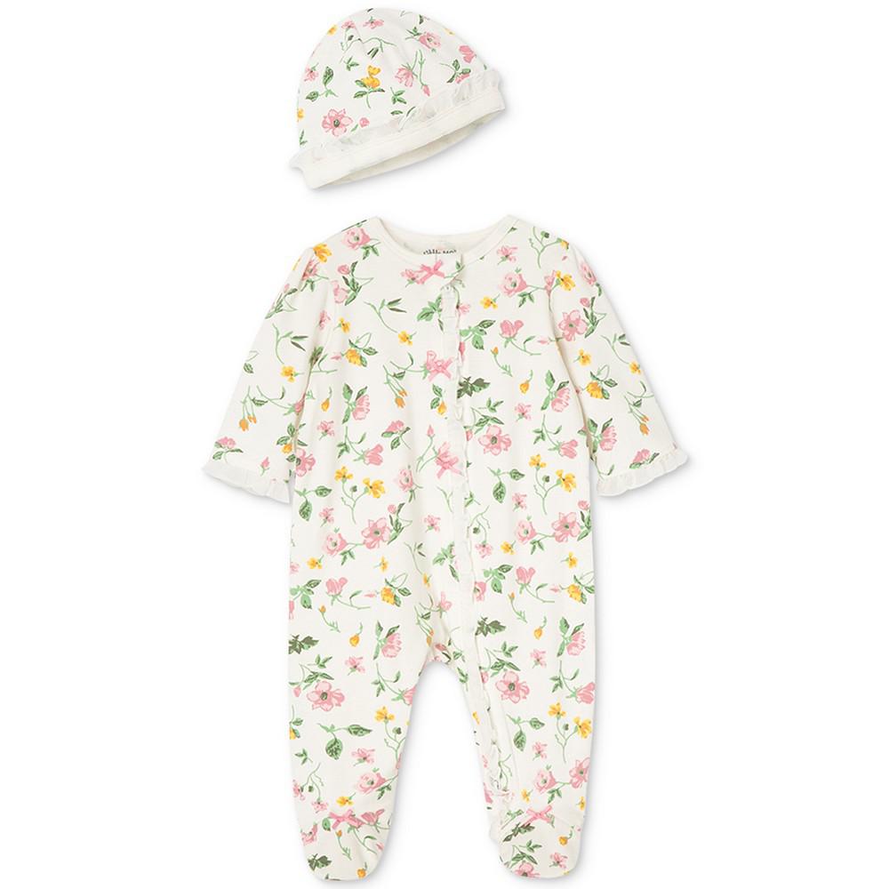 Little Me Baby Girls Floral Footed Coverall and Hat, 2 Piece Set