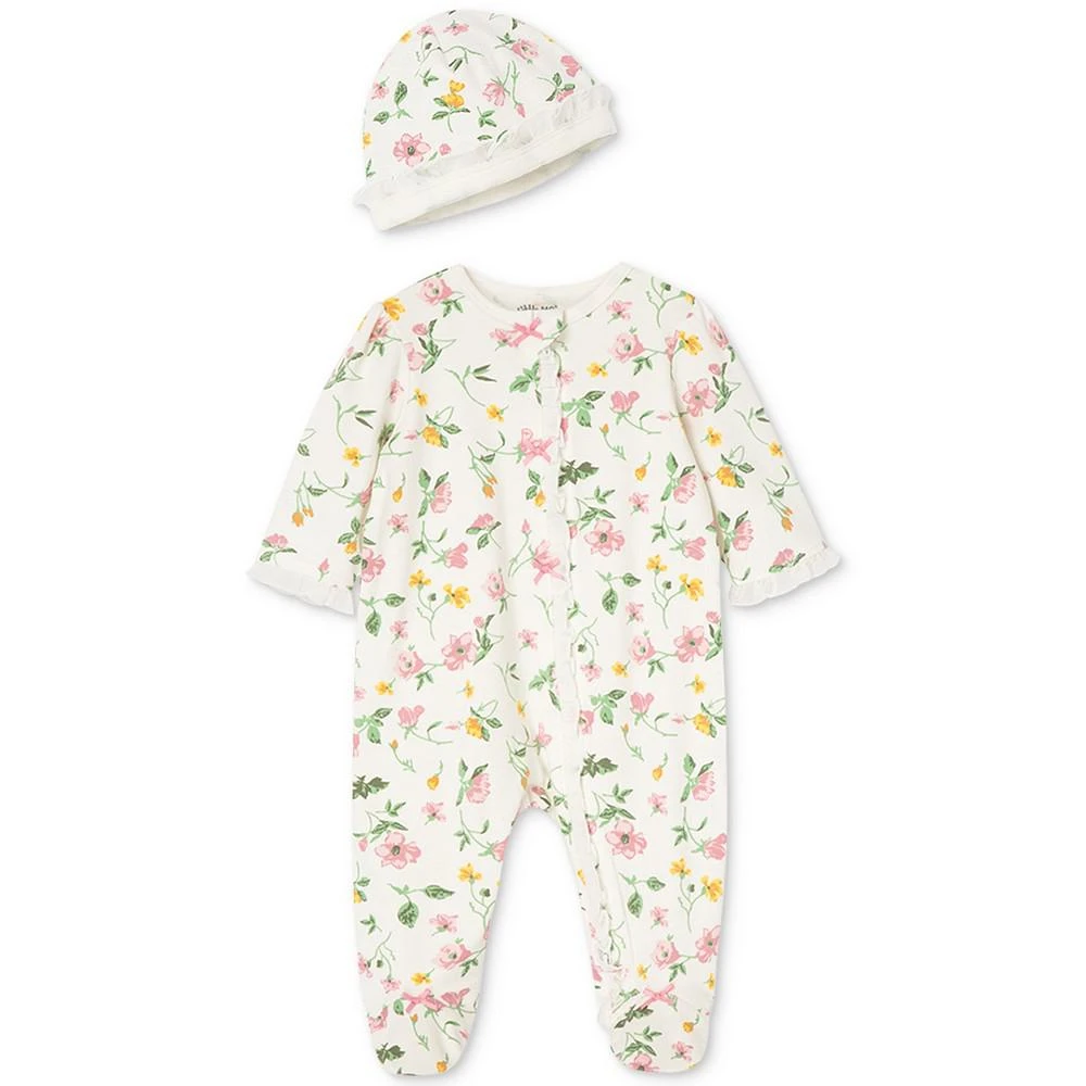 Little Me Baby Girls Floral Footed Coverall and Hat, 2 Piece Set 1