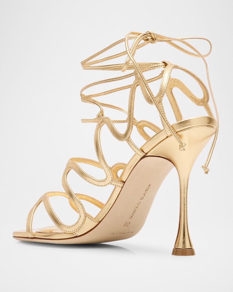 Manolo Blahnik Caged Metallic Ankle-Tie Sandals