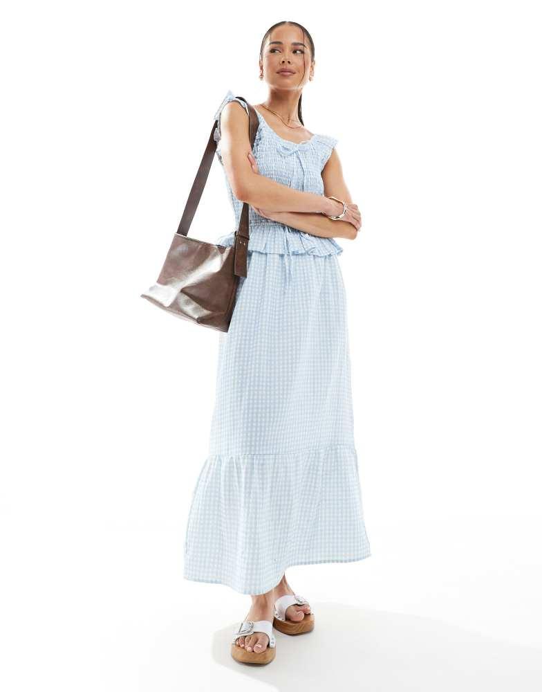Native Youth Native Youth gingham ruffle check midi dress in light blue