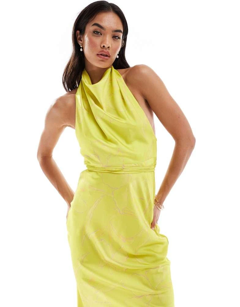ASOS ASOS DESIGN satin cowl neck midaxi dress with tie waist in lime oversized floral print 2