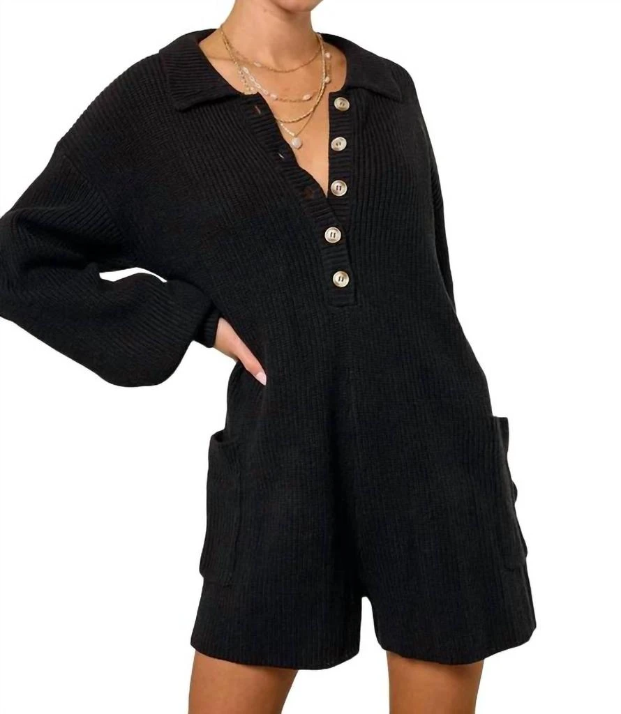 Buttoned Sweater Knit Romper In Black – On Sale Now with Up to 15