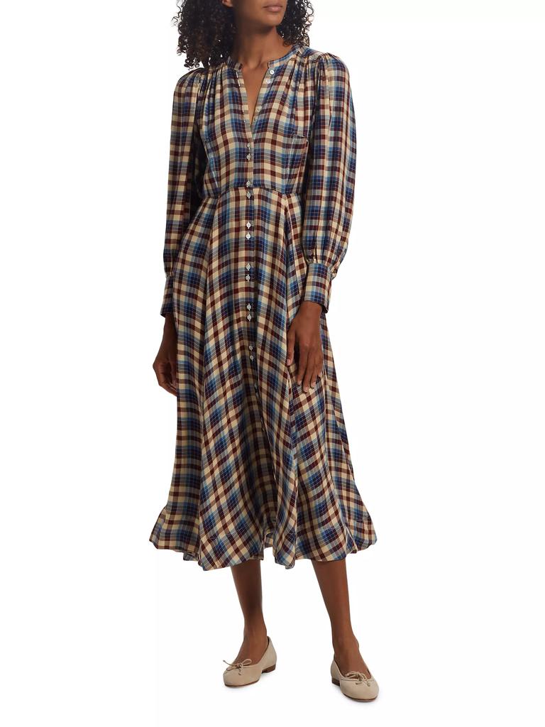 DÔEN Edlynne Plaid Balloon-Sleeve Midi-Dress