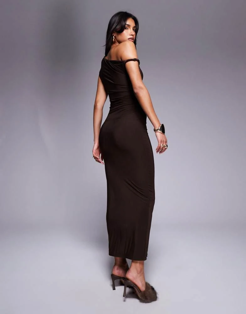 Kaiia Kaiia exclusive double layered slinky bodycon off shoulder twist strap maxi dress in chocolate brown 3