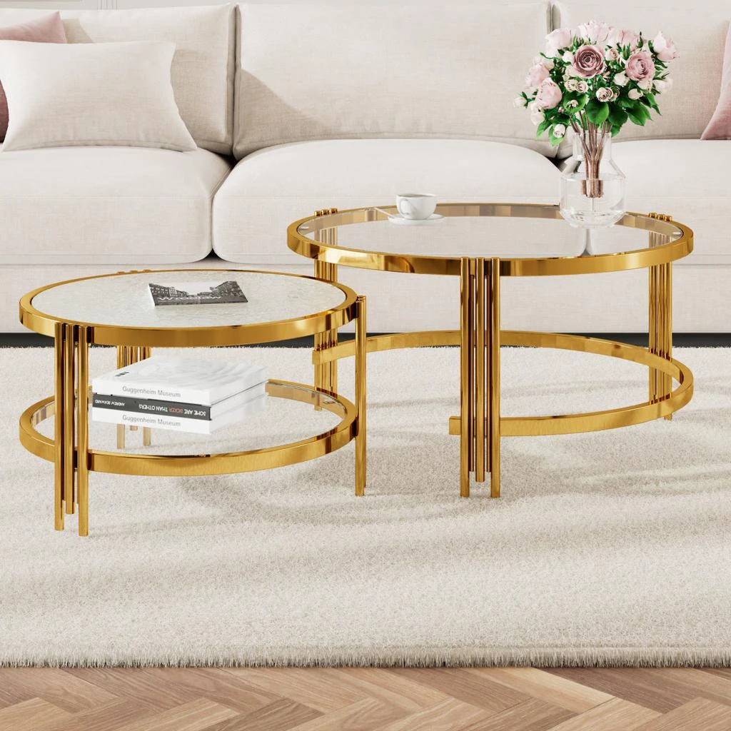 Streamdale Furniture Streamdale Modern 2-Piece Gold Textured Glass Coffee Table Set, 32.75