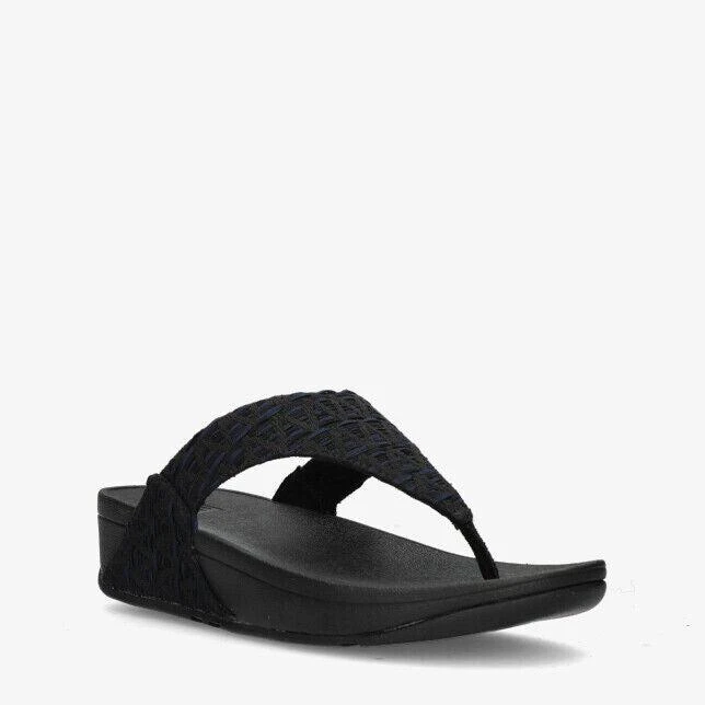 FitFlop FitFlop Lulu FZ3-231 Toe-Post Sandals Women's Black Geo-Webbing Slip On Slippers 2