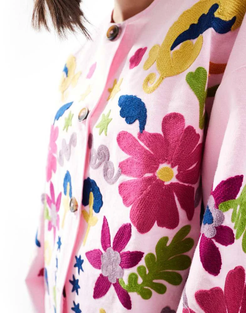 ASOS ASOS DESIGN embroidered collarless washed jacket in pink 3