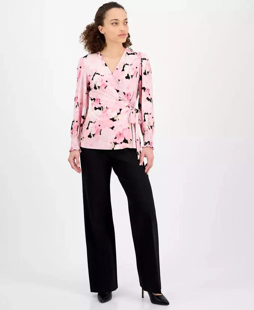 Anne Klein Petite Watercolor-Print Smocked-Cuff Wrap Top 2