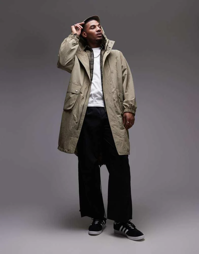 Topman Topman lightweight ripstop parka jacket in khaki 2
