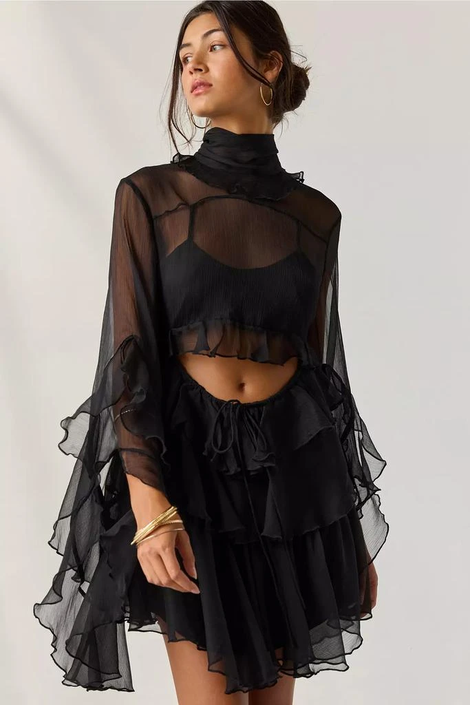 chinese dress ladies Black Lace Trim Bardot Cut Out Detail Long Sleeves Mini Dress | Dress