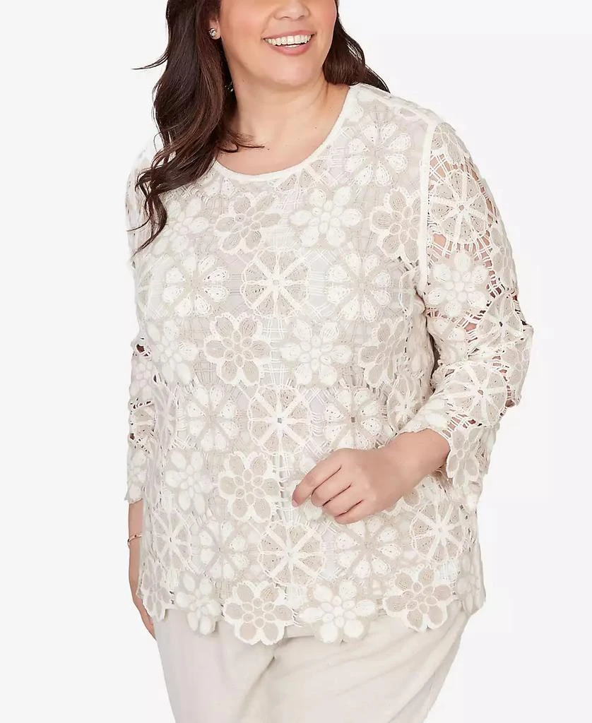 Alfred Dunner Plus Size Natural Wonder Floral Crochet Three Quarter Sleeve Top 3