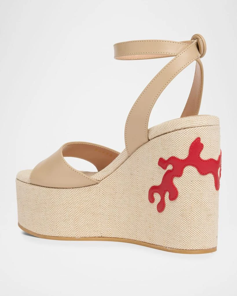 Gianvito Rossi 60mm Coral Leather and Canvas Wedge Sandals 4