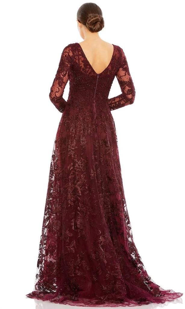 Mac Duggal Embellished Illusion Long Sleeve Beaded Lace Gown In Mahogany