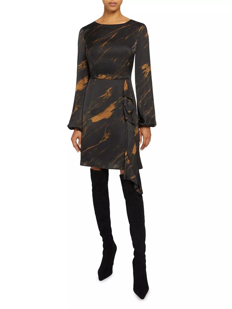 Santorelli Abstract Ruffle Jewel-Neck Mini-Dress
