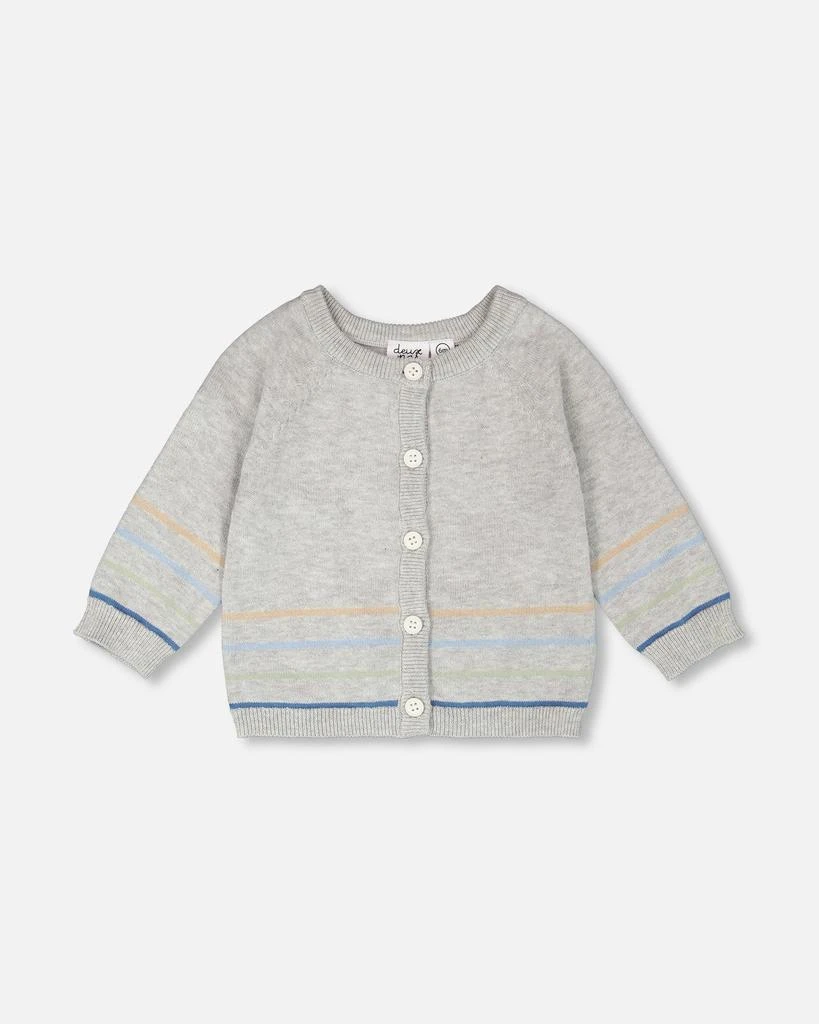 Deux par Deux Cotton Knit Striped Button Front Cardigan Light Heather Grey