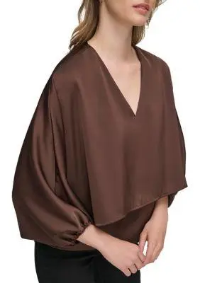 Calvin Klein Klein Womens V Neck Satin Back Crepe Popover Blouse 4