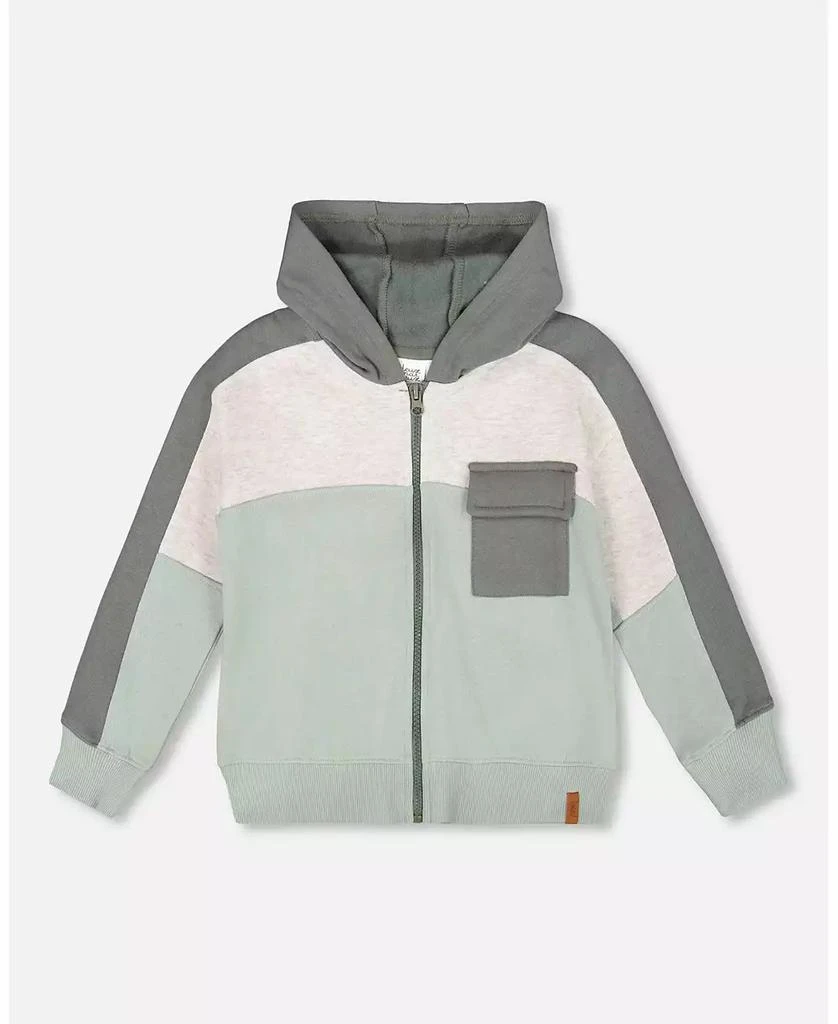 Deux par Deux Boy Full Zip Fleece Color Block Sweatshirt Green Gray - Toddler|Child