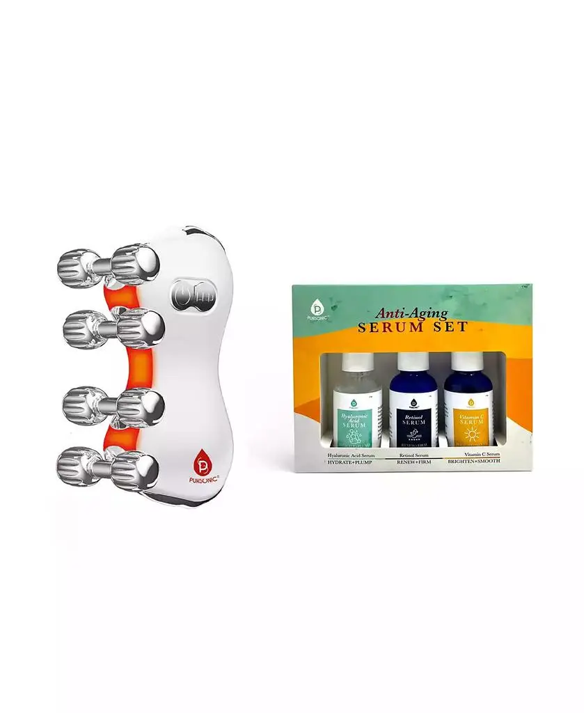 PURSONIC 5 in 1 LED Light Therapy Skin Roller Massager and Anti Aging Serum Set