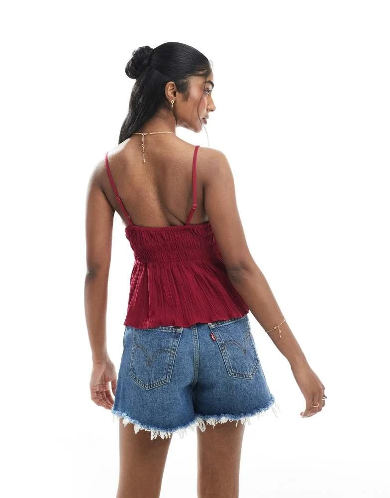 ASOS ASOS DESIGN V neck shirred cami in burgundy 2