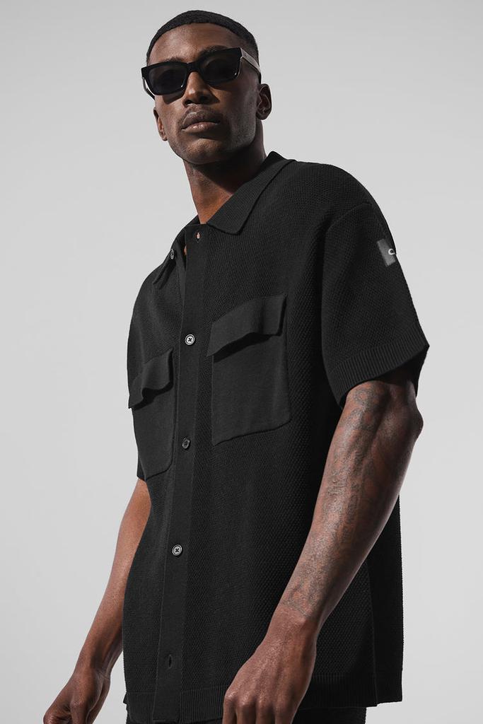 Alo Sports Club Sweater Knit Short Sleeve Button Up - Navy