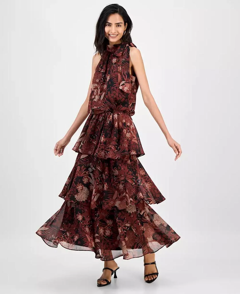 julia jordan Women's Tie-Neck Blouson Tiered Maxi Dress - Dresses & Skirts  - Free Shipping - BeyondStyle