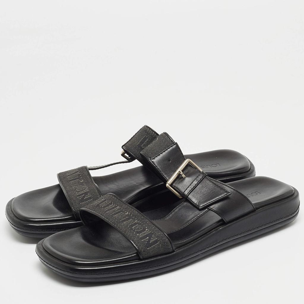 Louis Vuitton Louis Vuitton Black Leather and Logo Canvas Slide Sandals Size 44.5