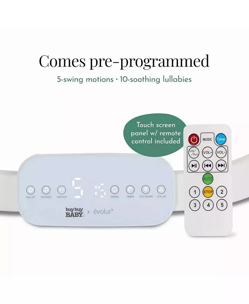 Evolur Baby evolur Comfort Cocoon Swing: TUYA voice control, 5-speed sway with remote. Features touchscreen music, removable canopy, toys, and 5-point harness. 5