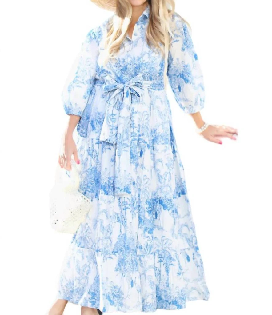 Palmer and Sullivan Beaufort Grandmillennial Block Print Dress In Blue 1