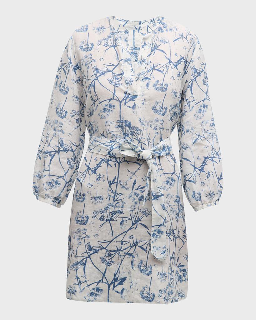 120% Lino Floral-Print Blouson-Sleeve Linen Mini Dress