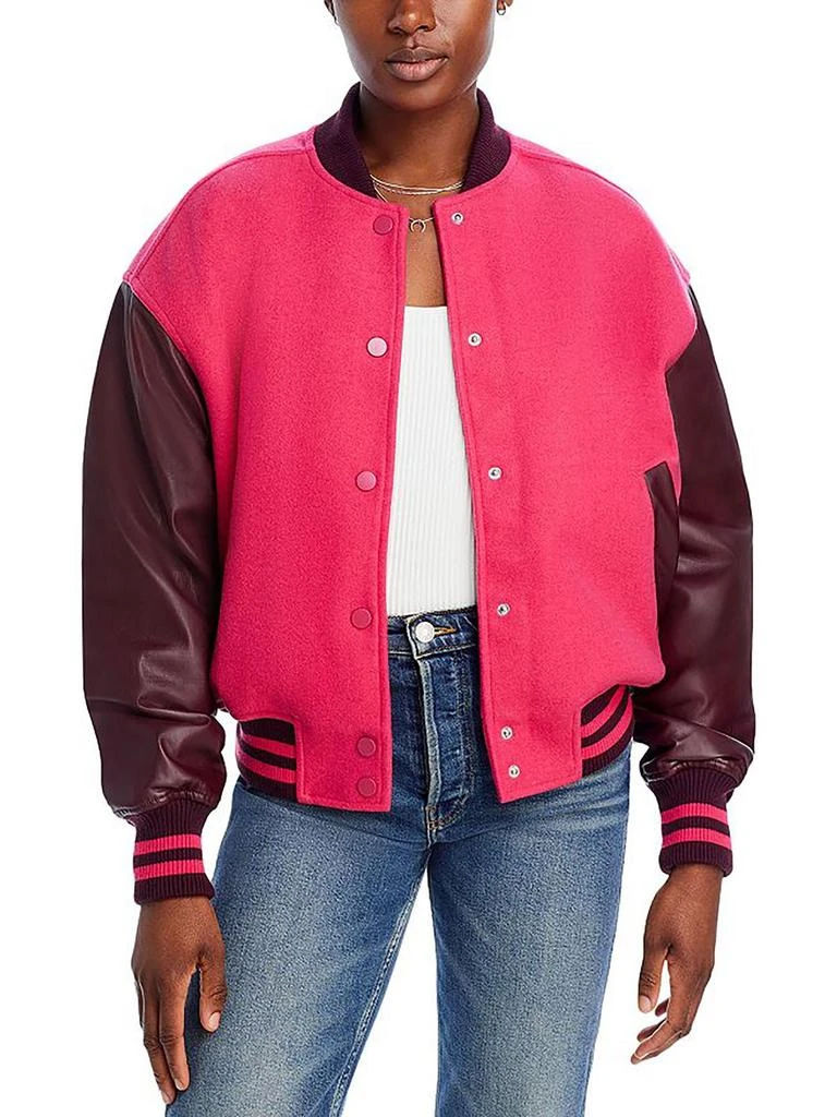 Good American Varsity Womens Faux Leather Trim Striped Bomber Jacket 1