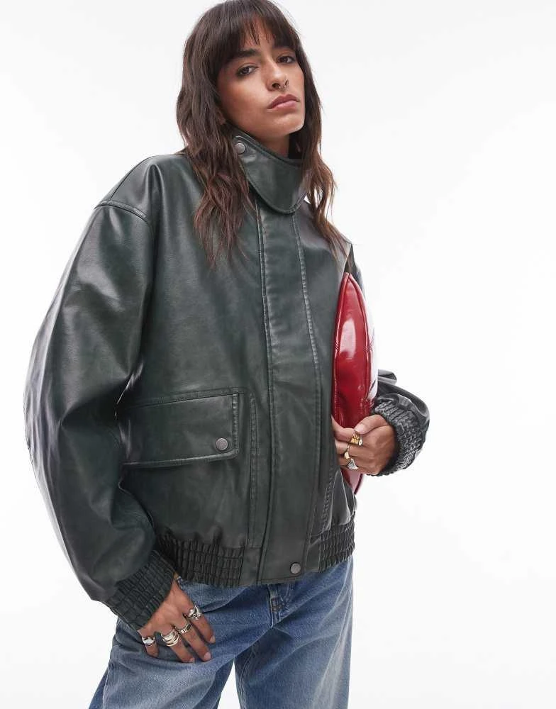 Topshop Topshop faux leather oversized bomber jacket in green 1