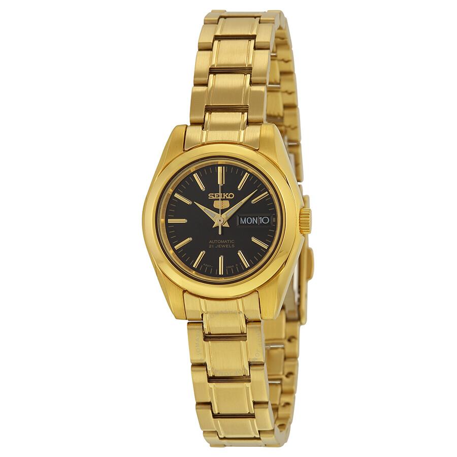 Seiko 5 Automatic Black Dial Gold-tone Ladies Watch SYMK22