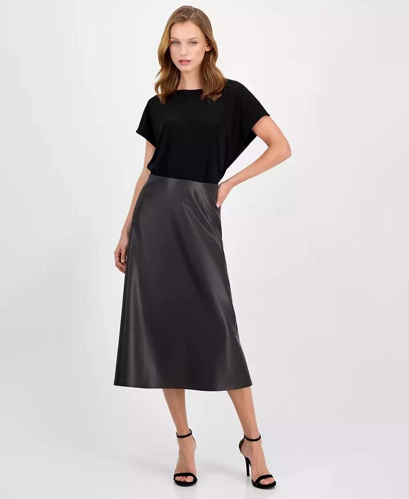 chinese dress ladies Anne Klein Combo Vegan Leather MIDI Dress at Amazon Women's Clothing store main image 1