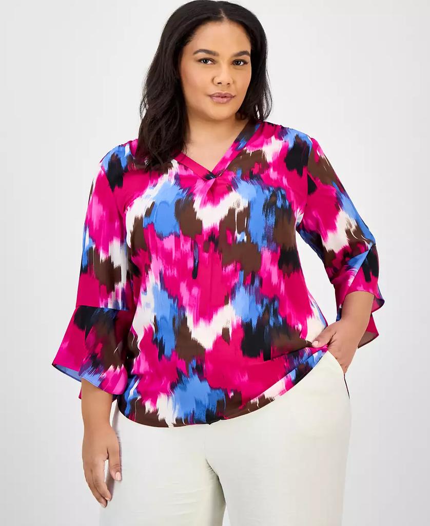 JONES NEW YORK Plus Size Printed Flutter-Sleeve Blouse