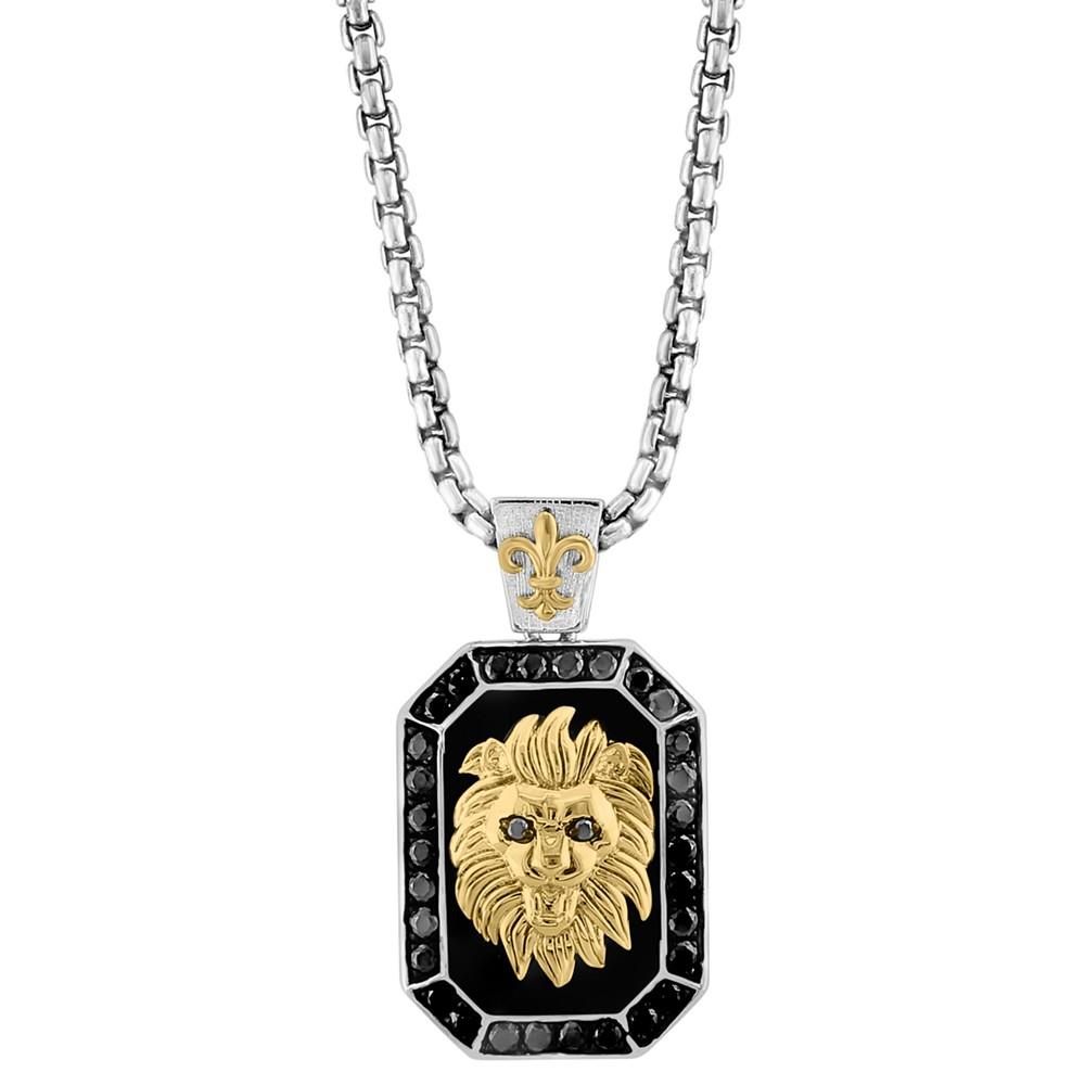 EFFY Collection EFFY® Men's Onyx & Black Spinel (1-1/5 ct. t.w.) Lion Dog Tag 22" Pendant Necklace in Sterling Silver & 14k Gold-Plate