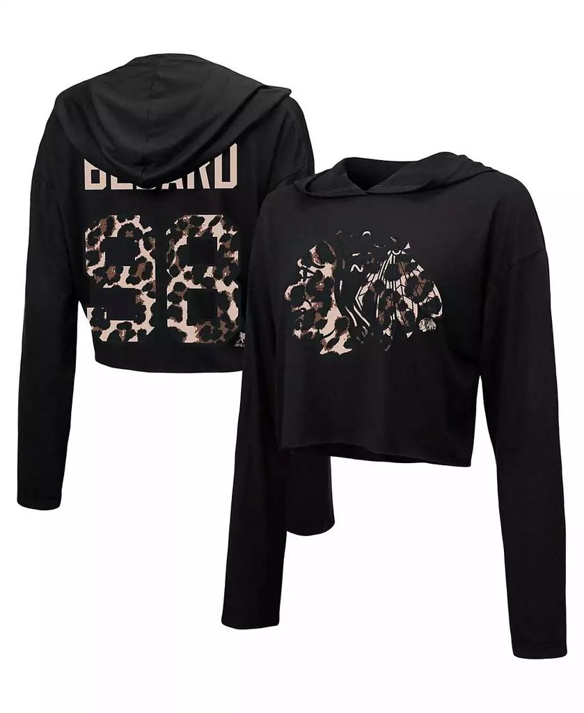 Majestic Women's Threads Connor Bedard Black Chicago Blackhawks Leopard Print Name and Number Cropped Pullover Hoodie