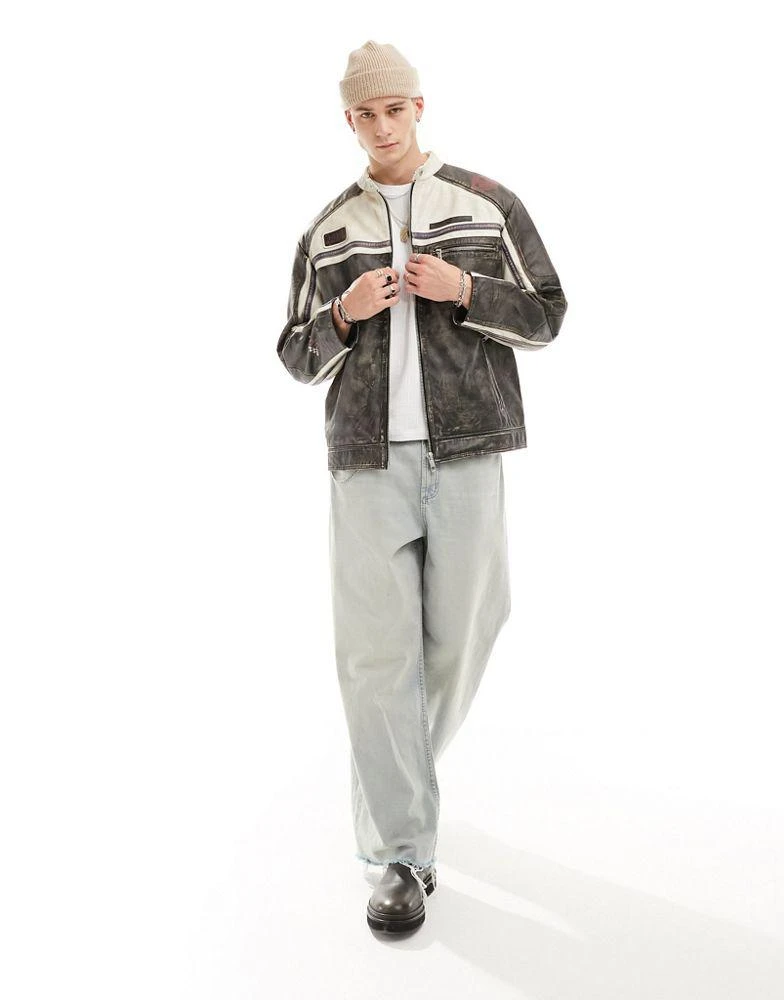 ASOS ASOS DESIGN real leather motocross jacket with badges in washed black 3