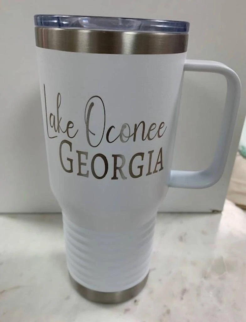 Town Pride Lake Oconee Handled Travel Mug In White W/ Silver Text