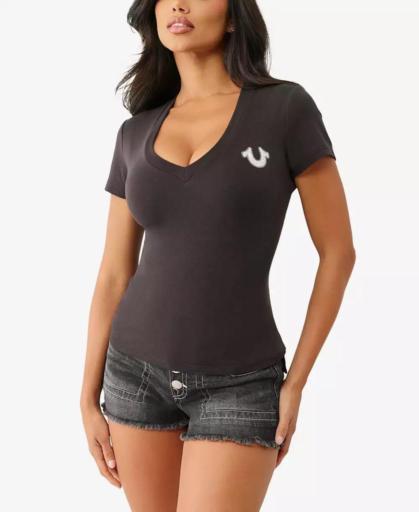 True Religion Women's Crystal Logo V-Neck T-Shirt