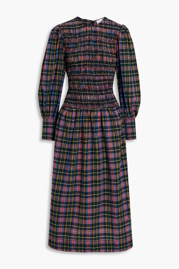 GANNI Shirred checked cotton-blend seersucker midi dress 1