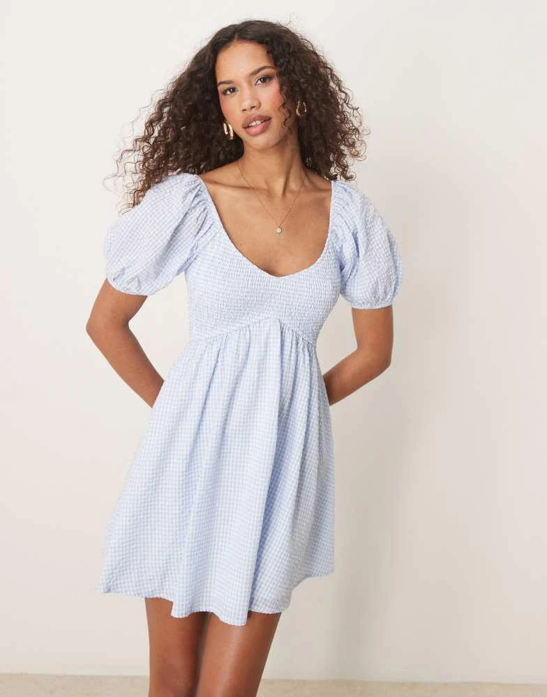 Kiss The Sky Kiss The Sky babydoll shirred mini dress in blue and white 1