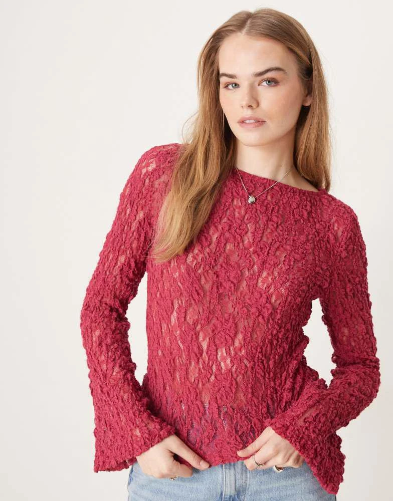 ASOS AS0S DESIGN slash neck sheer lace angel sleeve top in raspberry 1
