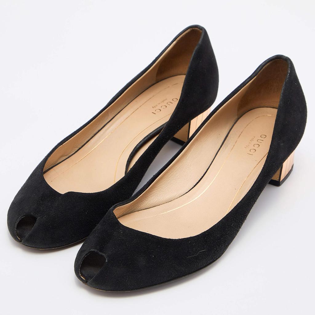 Gucci Gucci Black Suede Peep Toe Block Heel Pumps Size 38.5