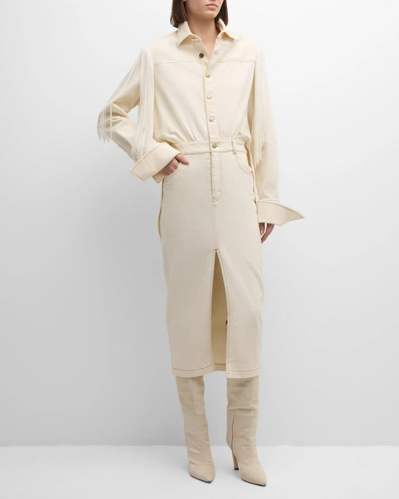 Hellessy Ivy Fringe Long-Sleeve Slit-Hem Midi Denim Shirtdress 1