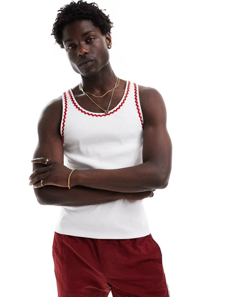 ASOS ASOS DESIGN muscle fit vest in white with red zig-zig tipping 1