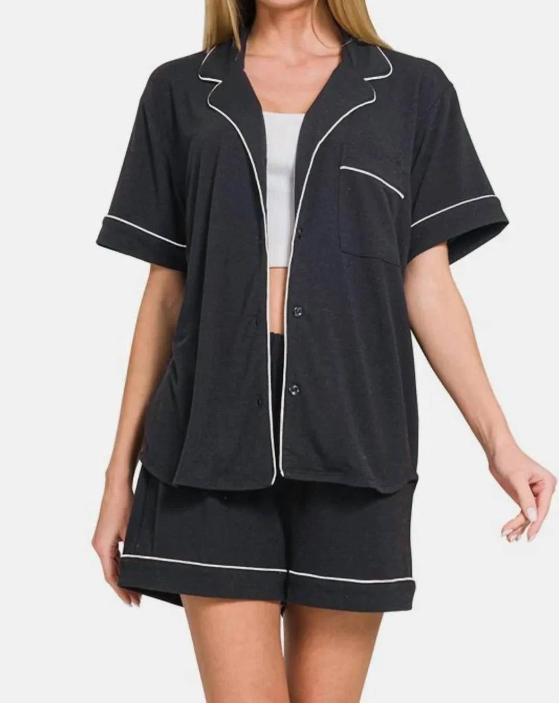 ZENANA Zenana - Button Down Short Sleeve Top And Shorts Lounge Set